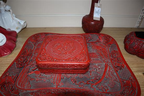 A Chinese cinnabar lacquer vase, a box and cover and a dish and other items Largest length 37cm